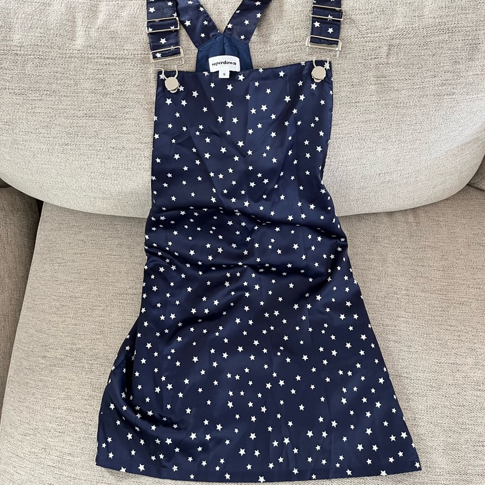 Superdown Athena Overall Dress in Blue Star Print